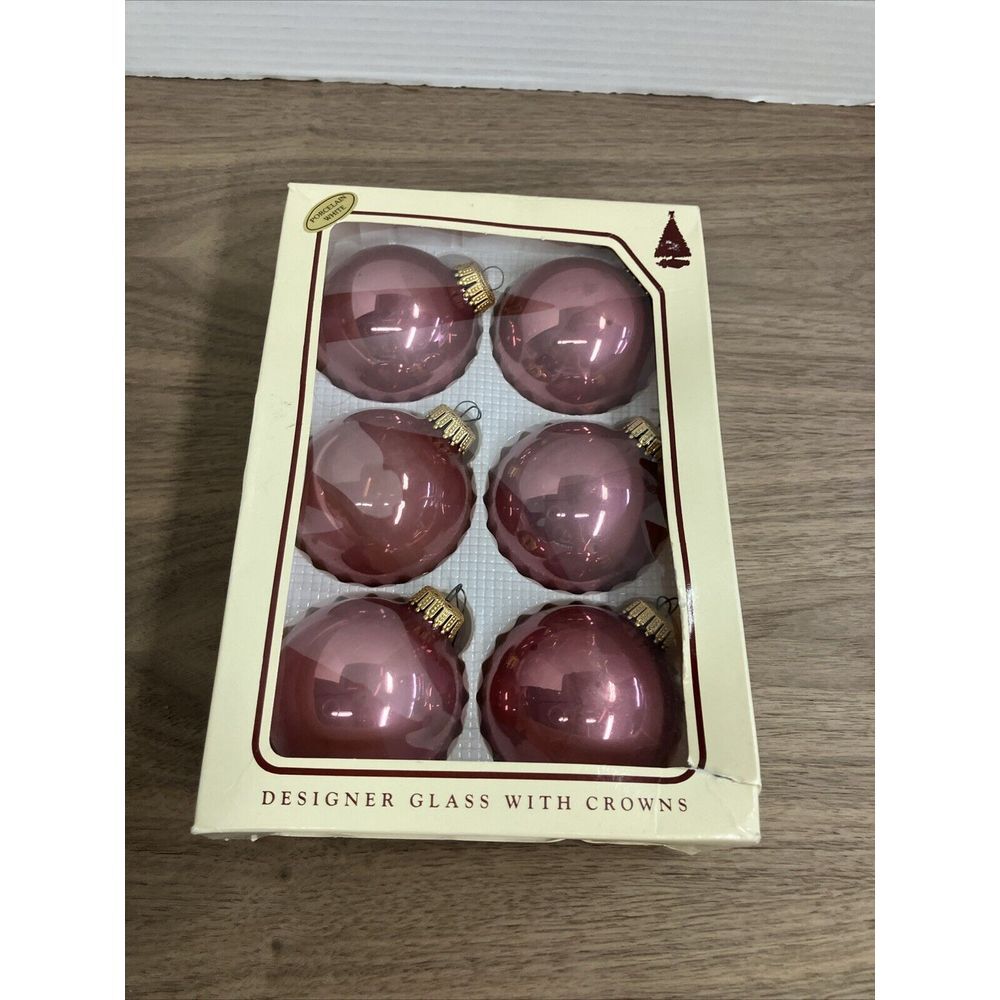 VTG Box of‎ 6 Krebs "TUSCANY ROSE" Pink Shiny Glass Christmas Ball Ornaments•USA